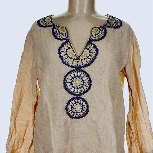Lilly Pulitzer Cream Tunic with Blue and Yellow Embroidery 3/4 Sleeve - Picture 4 of 5